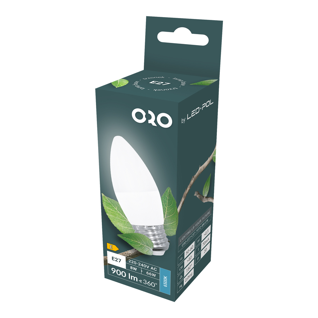 LED žárovka studená ORO-E27-C37-TOTO-8 W-CW