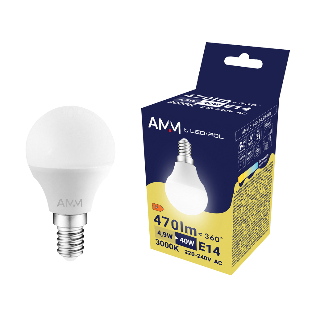 LED žárovka E14 4,9W teplé barvy AMM-E14-G45-4,9W-WW