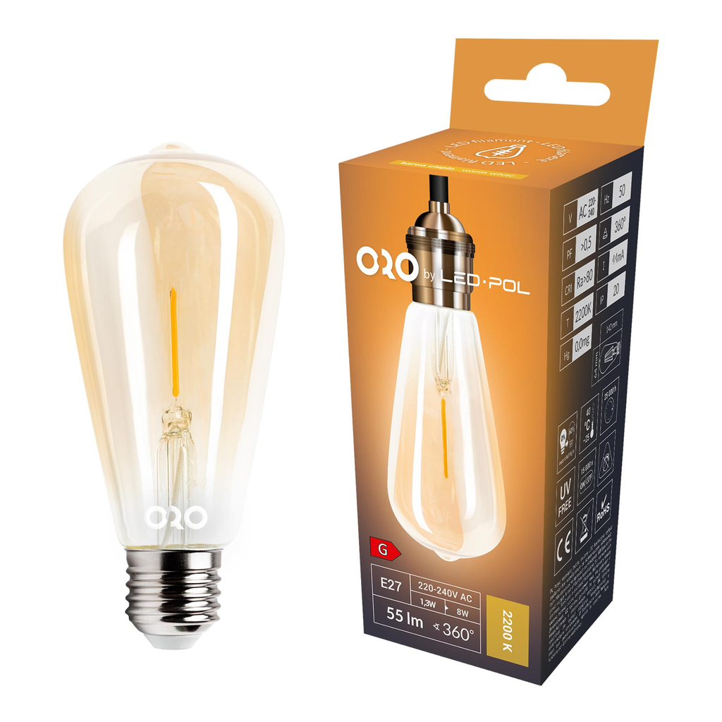 Retro LED dekorativní žárovka E27 1,3 W teplé barvy ORO-E27-ST64-FL-AMBER-1,3W-WW