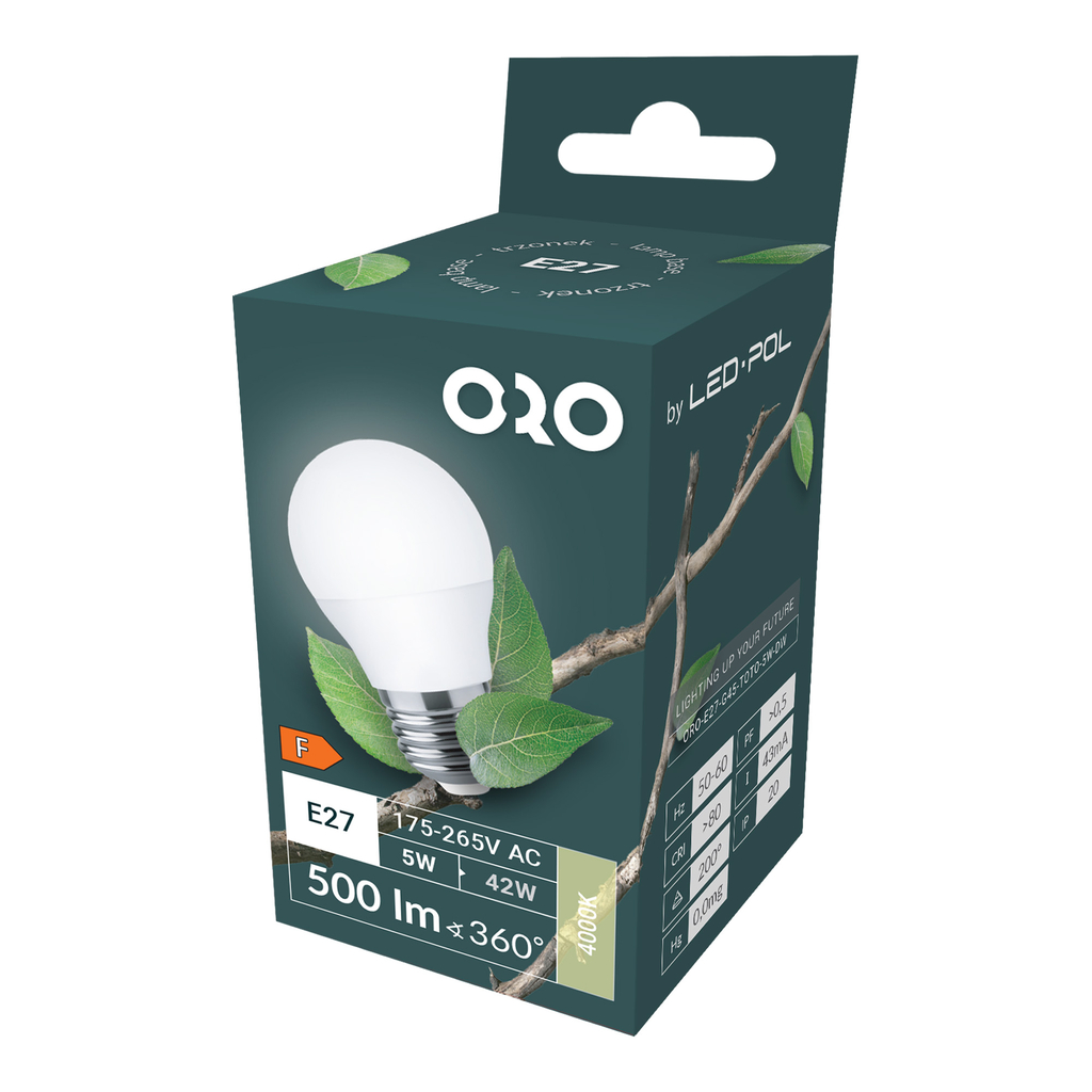 LED žárovka E27 5 W neutrální ORO-E27-G45-TOTO-5W-DW