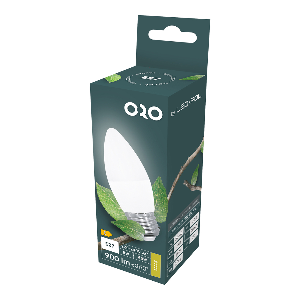 LED žárovka teplé barvy ORO-E27-C37-TOTO-8 W-WW