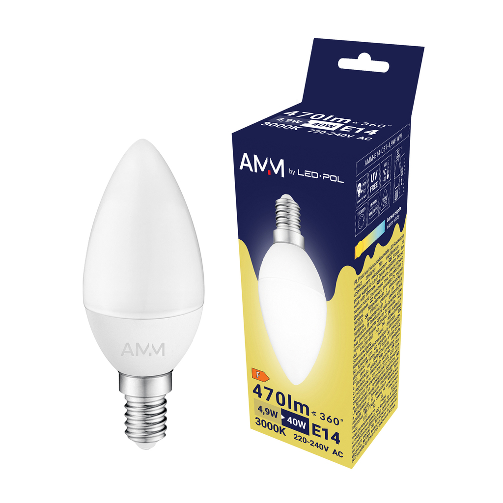 LED žárovka E14 4,9W teplé barvy AMM-E14-C37-4,9W-WW