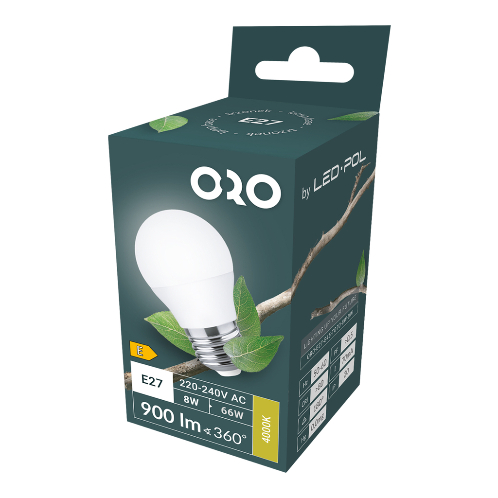 LED žárovka E27 8 W neutrální ORO-E27-G45-TOTO-8 W-DW