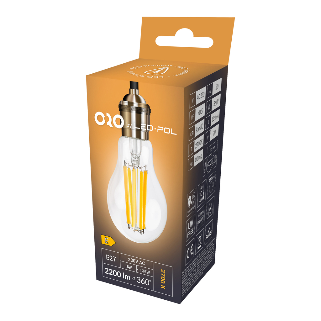 LED žárovka E27 16 W ORO-E27-A67-FL-CLARO-16 W-WW teplá barva