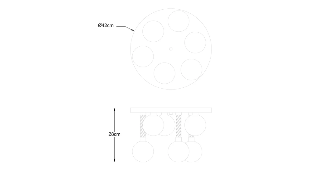 Lampa sufitowa 6 kloszy okrągła podstawa złota MIDA - wymiary.