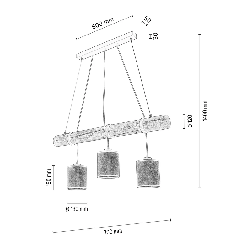 Lampa wisząca rustykalna sosna TRABO JUTE 3 - wymiary.