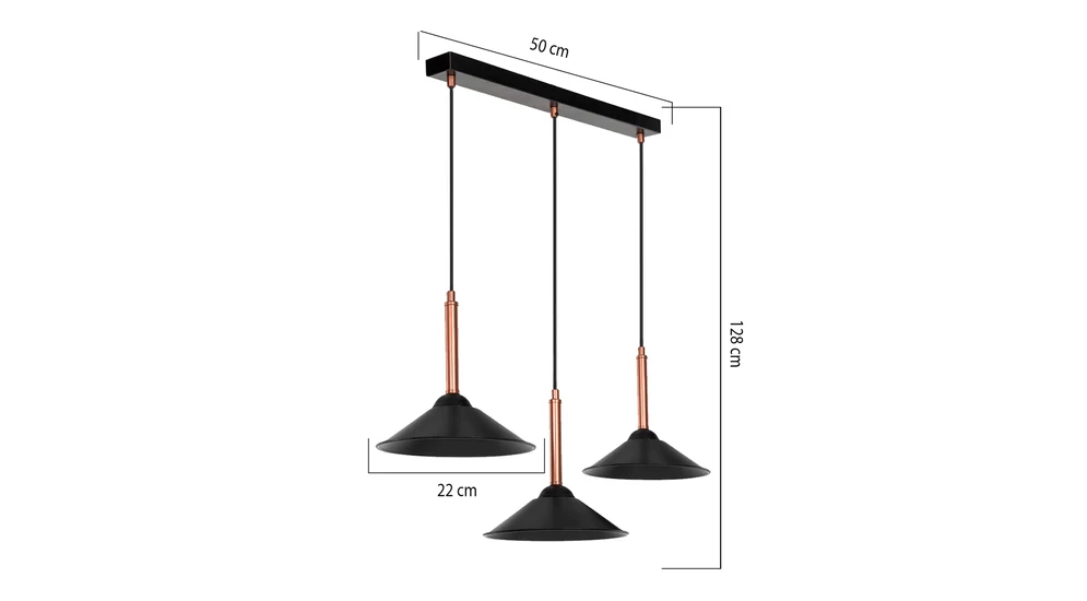 MANDARIN to lampa wisząca z 3 trapezowymi kloszami oraz dekoracyjnym elementem w miedzianym kolorze.