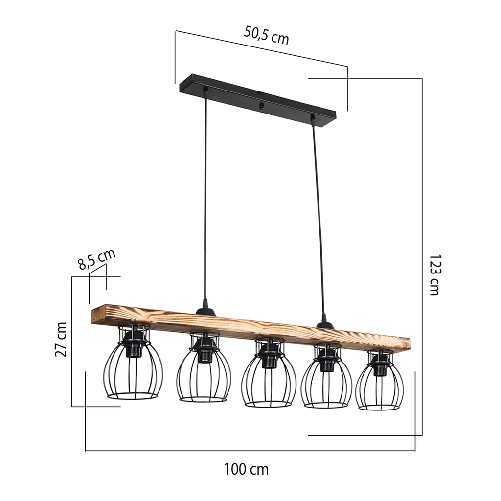 Lampa wisząca TROYA stanowi ciekawe uzupełnienie aranżacyjne dla wnętrz urządzanych w rustykalnym lub industrialnym stylu. Metal w czarnym, matowym odcieniu oraz jasne drewno lampy dodają wnętrzu niecodziennej energii i budują przyciągające wzrok połąc