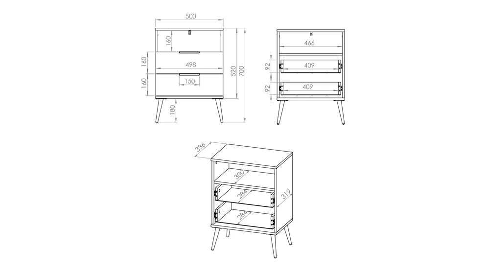 Wymiary szczegółowe szafki nocnej VITERBO.