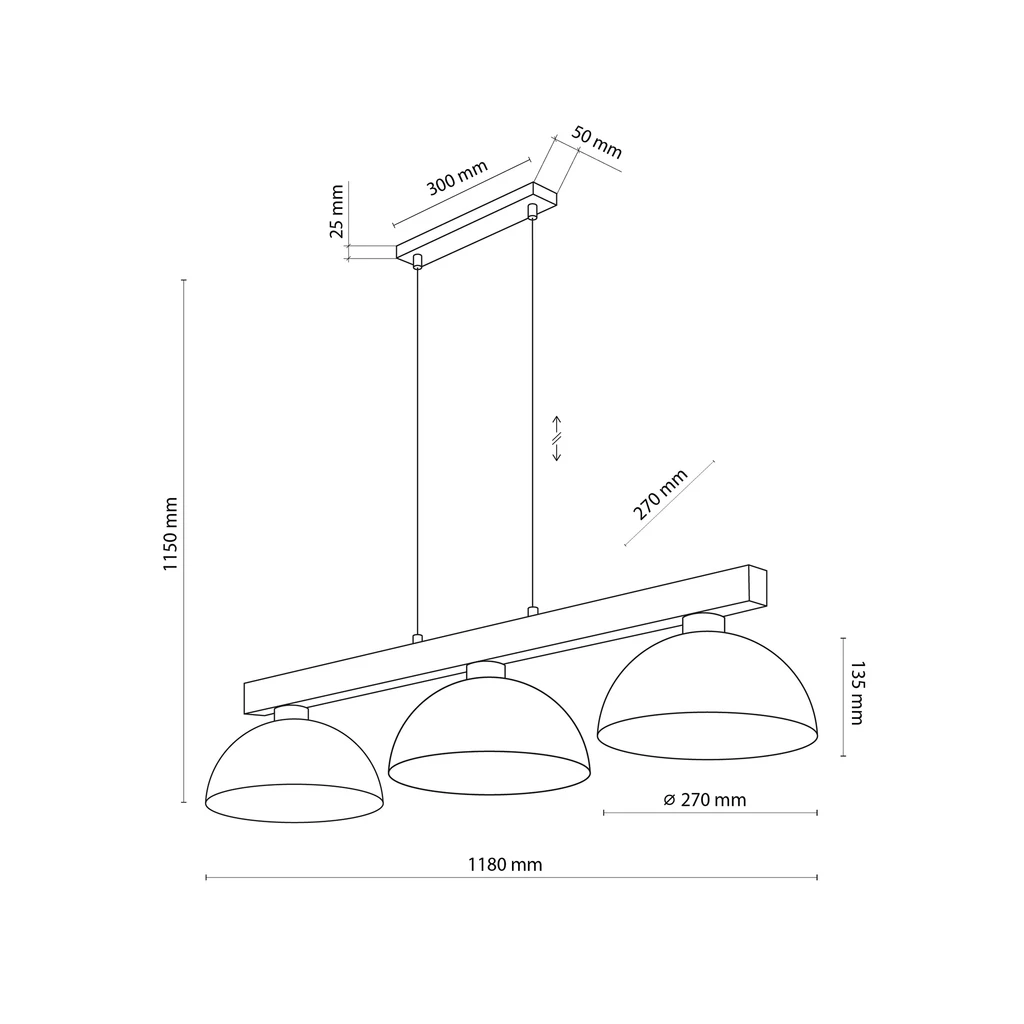 Lampa wisząca loftowa jasne drewno czarna OSLO III - wymiary.