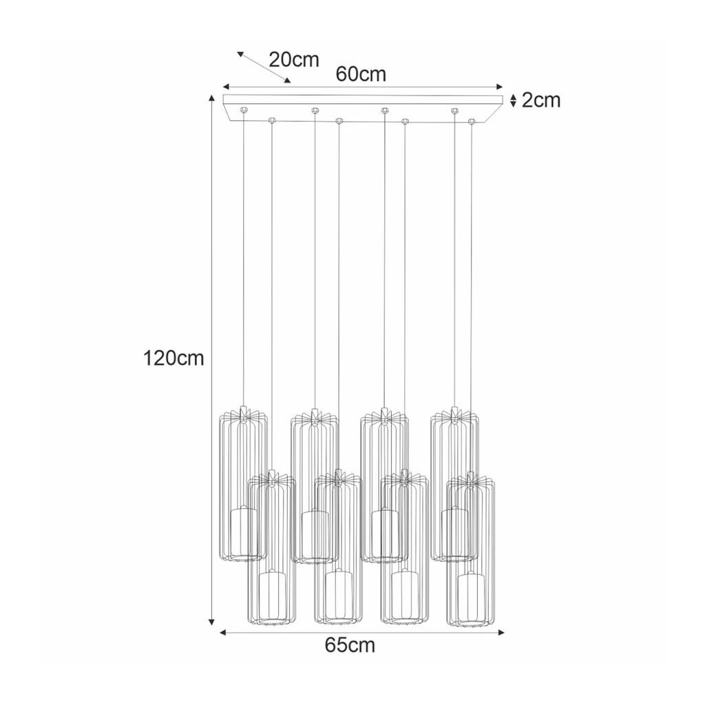 Lampa wisząca 8 kloszy listwa czarna FALCON - wymiary,