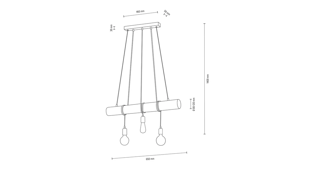 Lampa wisząca rustykalna orzech TRABO 3 - wymiary.