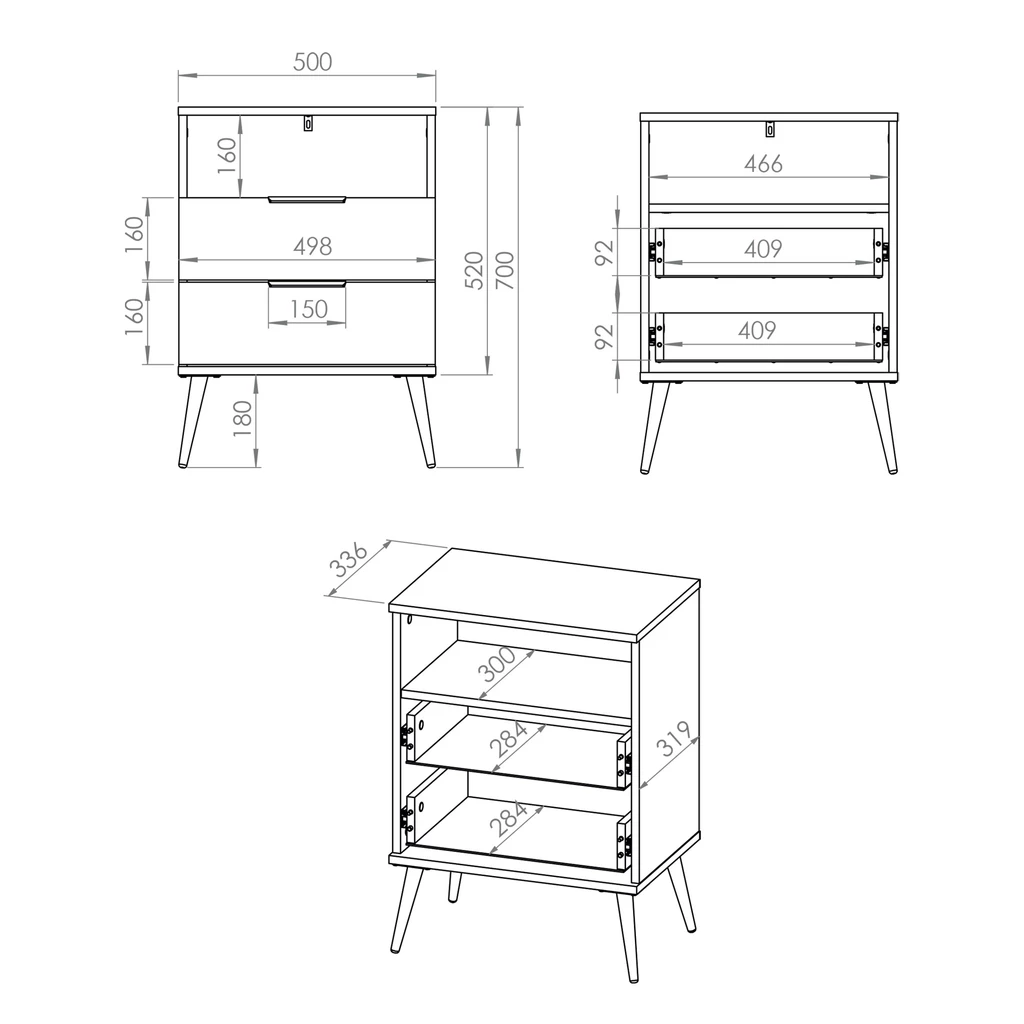 Wymiary szczegółowe szafki nocnej VITERBO.