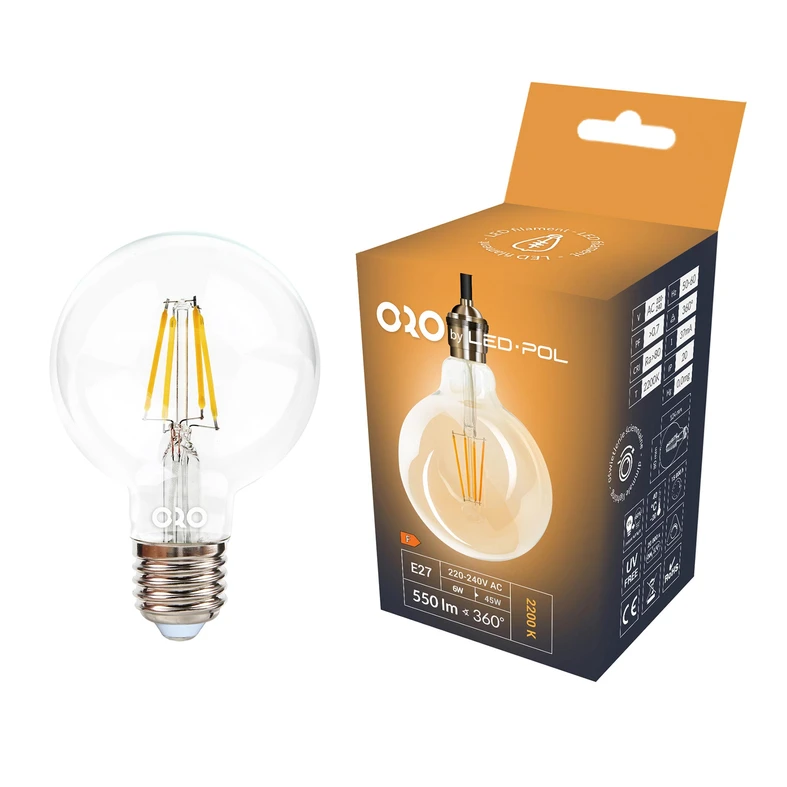 LED žárovka E27 6 W neutrální ORO-E27-G80-FL-CLARO-6 W-DIMM-DW