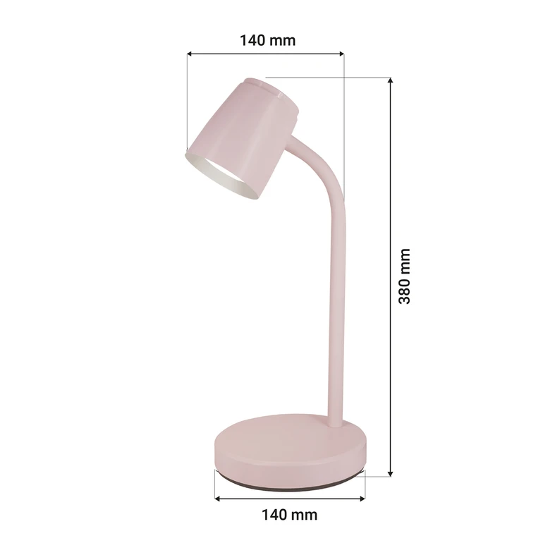 Różowa lampa ORO VERO ma okrągłą podstawę o średnicy 14 cm, elastyczne ramię i klosz z wbudowanym oświetleniem LED.