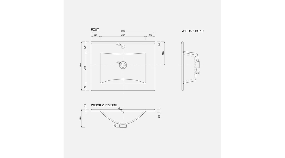 Rysunek techniczny z wymiarami umywalki PLAN 60.