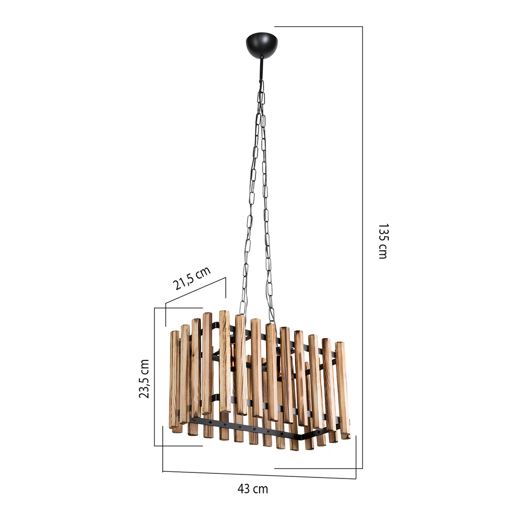 Lampa AHLAT posiada metalowy stelaż został ozdobiony pionowo osadzonymi drewnianymi listewkami, które osłaniają znajdującą się wewnątrz żarówkę.